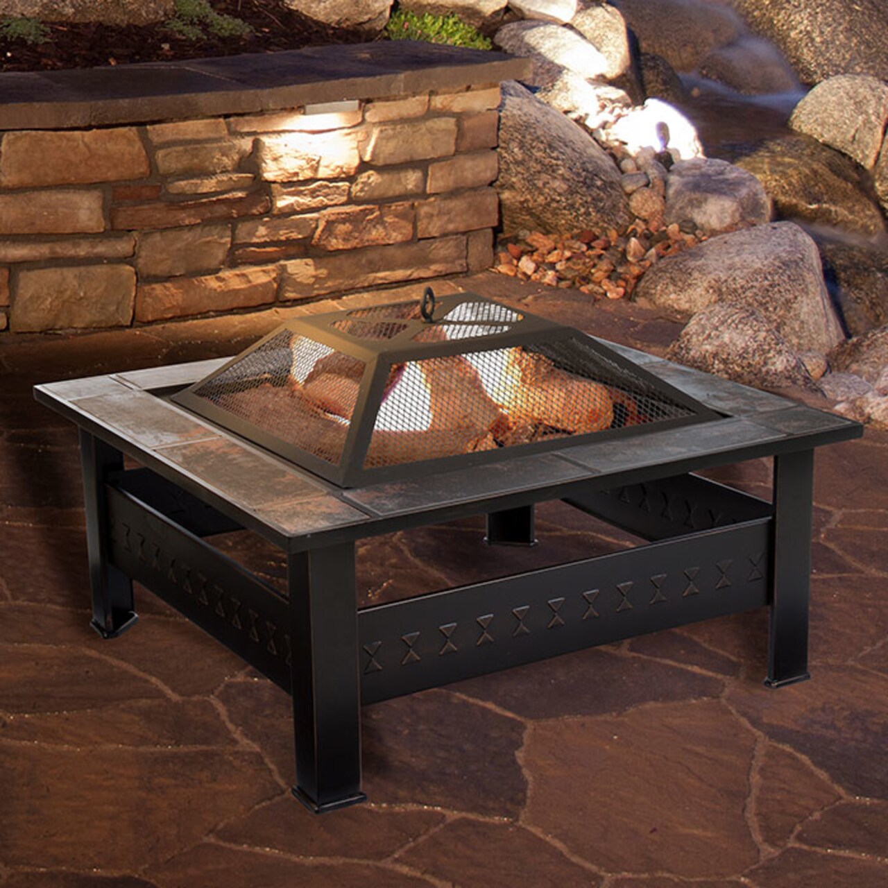 Pure Garden 32" Square Fire Pit With Ceramic Tile Top And Weather Cover